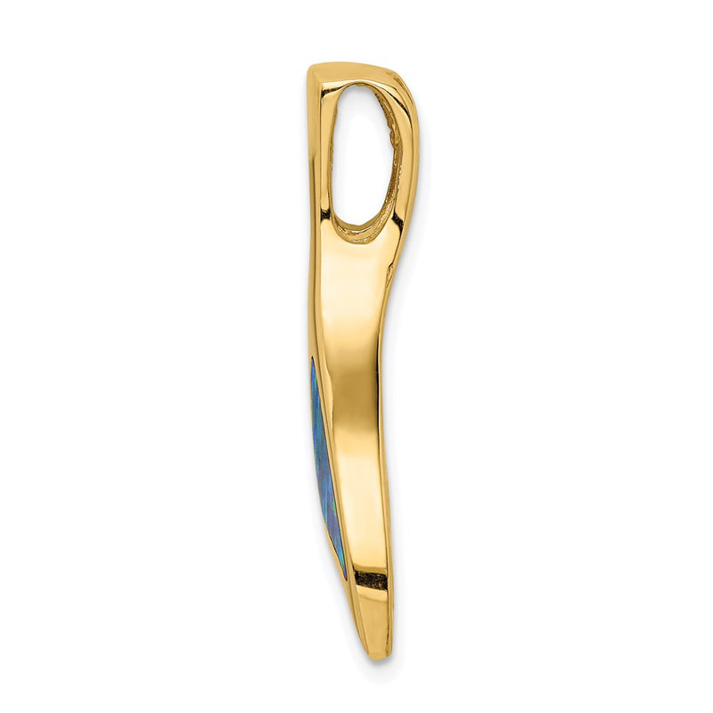 14k Yellow Gold Polished w/Imitation Blue Opal Whale Tail Slide