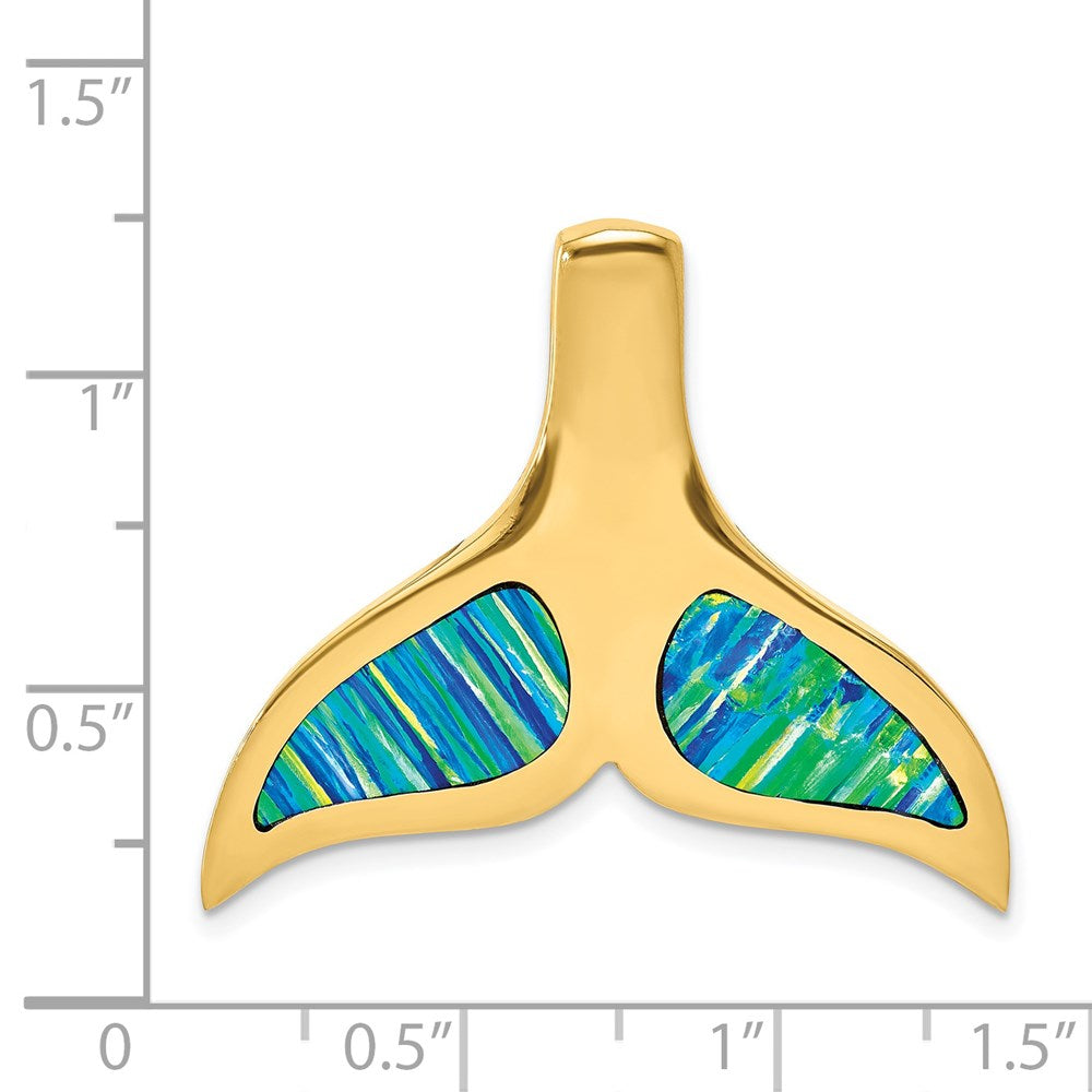 14k Yellow Gold Polished w/Imitation Blue Opal Whale Tail Slide