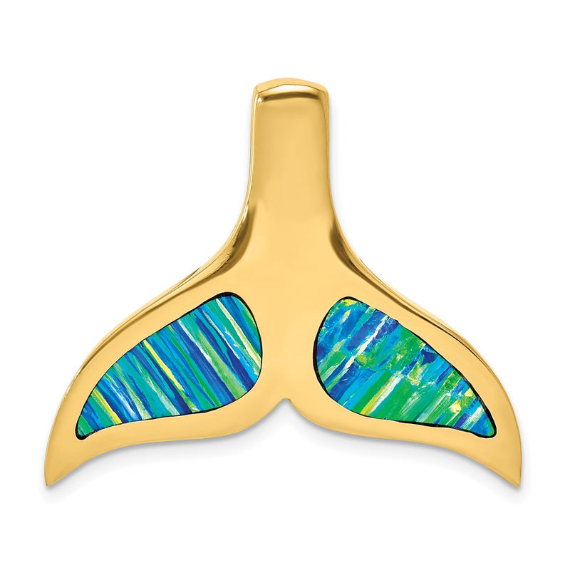 14k Yellow Gold Polished w/Imitation Blue Opal Whale Tail Slide