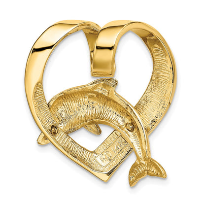 14k Yellow Gold Polished w/Imitation Blue Opal Heart w/Dolphin Slide