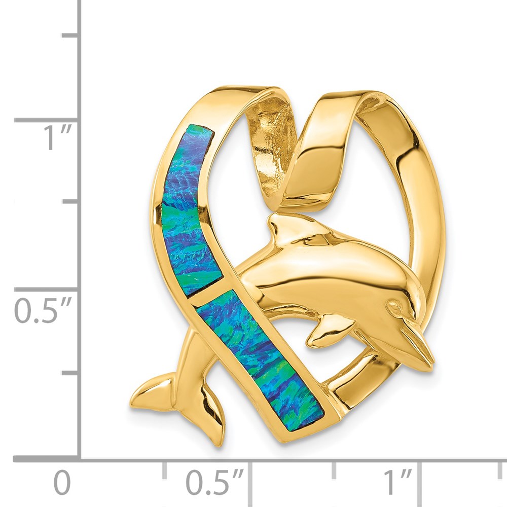 14k Yellow Gold Polished w/Imitation Blue Opal Heart w/Dolphin Slide
