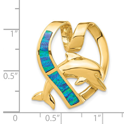 14k Yellow Gold Polished w/Imitation Blue Opal Heart w/Dolphin Slide