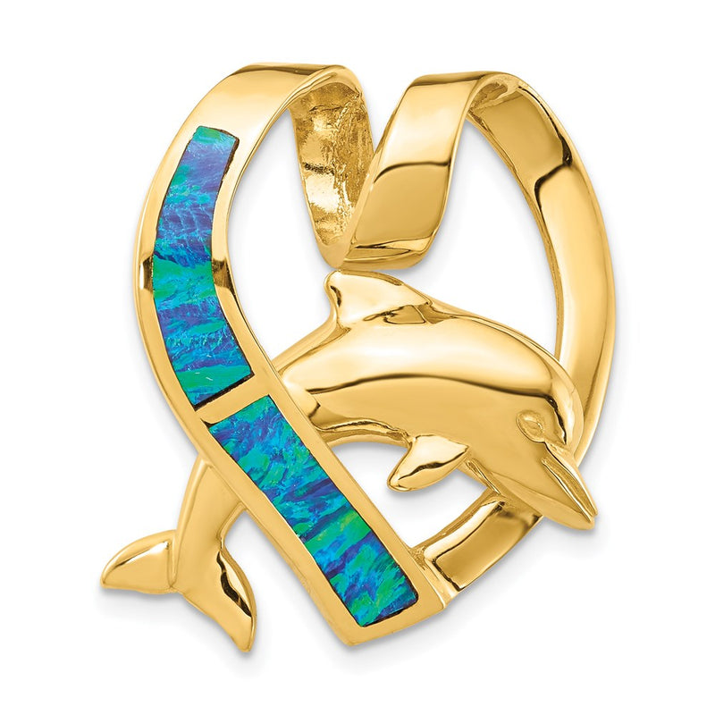 14k Yellow Gold Polished w/Imitation Blue Opal Heart w/Dolphin Slide