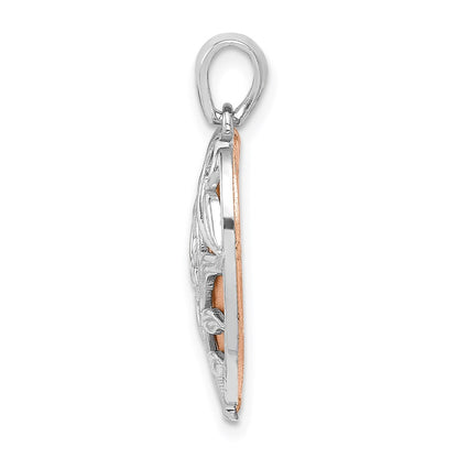 14k Two-tone Gold Polished Floral Design Heart Pendant