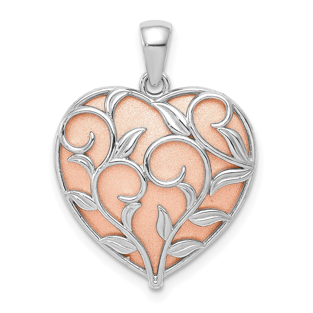 14k Two-tone Gold Polished Floral Design Heart Pendant