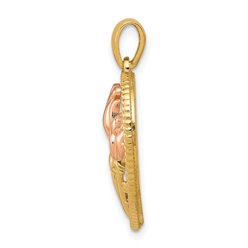 14k Two-tone Gold Polished Flowers in Heart Pendant