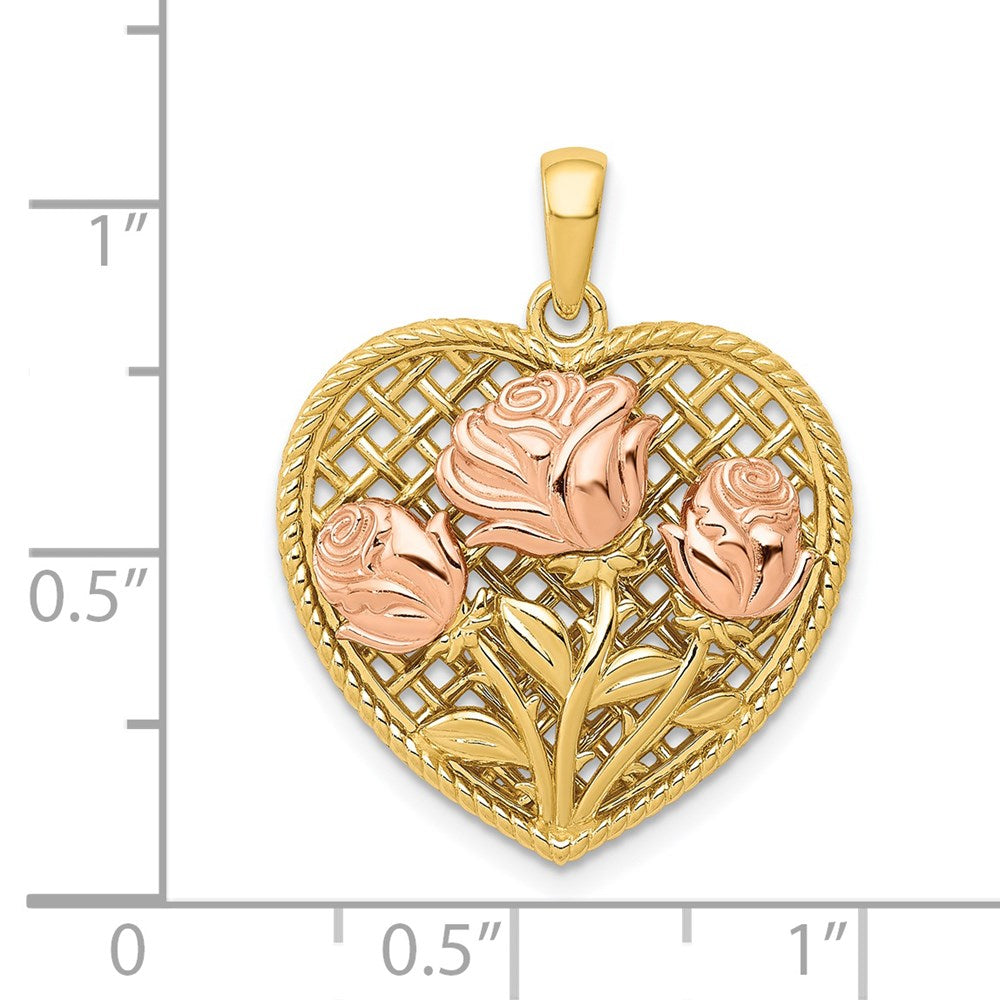 14k Two-tone Gold Polished Flowers in Heart Pendant