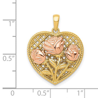 14k Two-tone Gold Polished Flowers in Heart Pendant