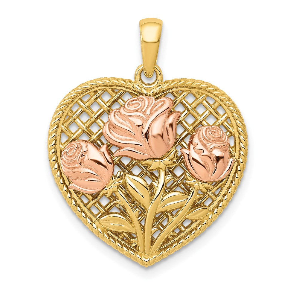 14k Two-tone Gold Polished Flowers in Heart Pendant
