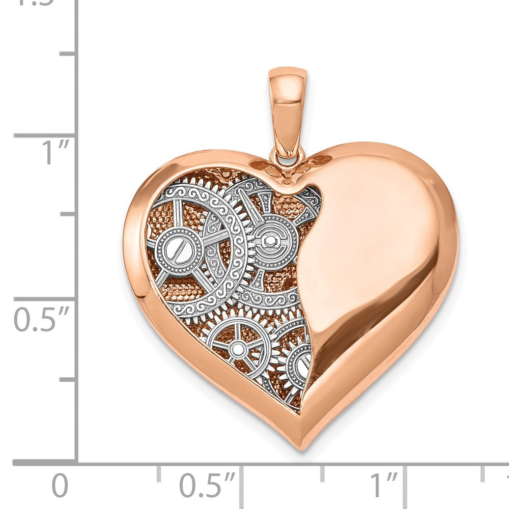 14k Two-tone Gold Polished Reversible Gears inside 3D Heart Pendant