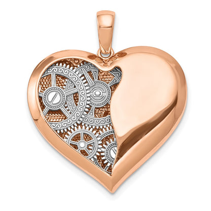 14k Two-tone Gold Polished Reversible Gears inside 3D Heart Pendant