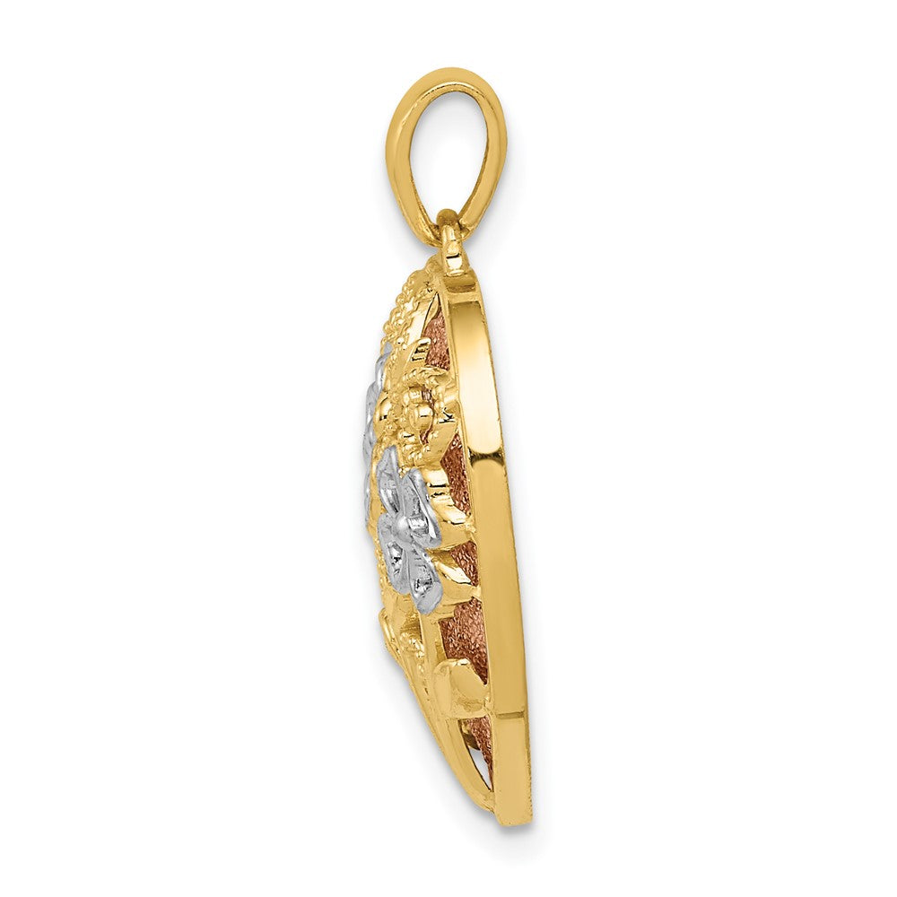 14k Two-tone Gold Yellow & Rose w/Rhodium D/C Satin & Polished Floral Heart Pendant
