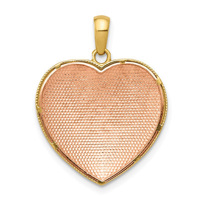 14k Two-tone Gold Yellow & Rose w/Rhodium D/C Satin & Polished Floral Heart Pendant