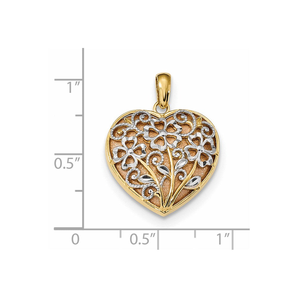 14k Two-tone Gold Yellow & Rose w/Rhodium D/C Satin & Polished Floral Heart Pendant