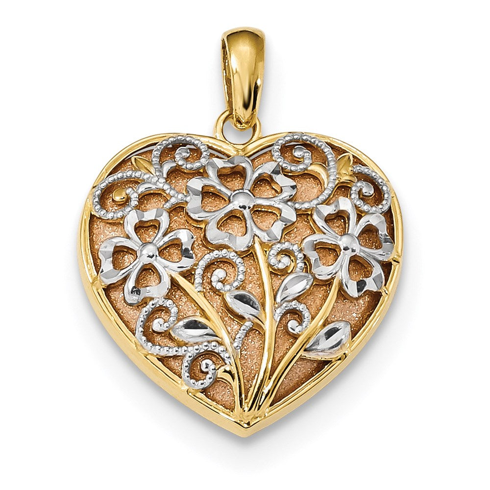 14k Two-tone Gold Yellow & Rose w/Rhodium D/C Satin & Polished Floral Heart Pendant