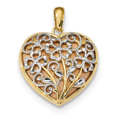 14k Two-tone Gold Yellow & Rose w/Rhodium D/C Satin & Polished Floral Heart Pendant