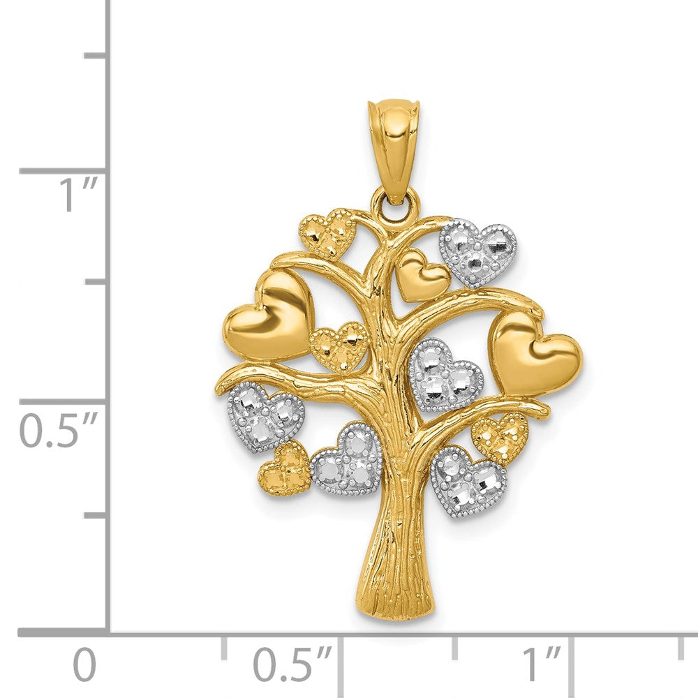 14k Yellow & Rhodium Gold and White Rhodium Polished Hearts Tree Pendant