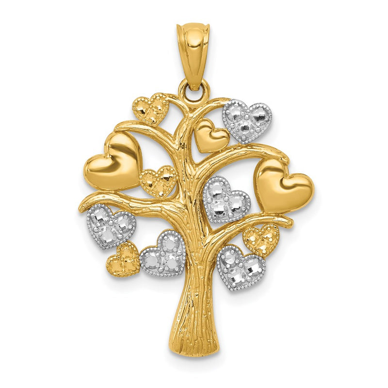 14k Yellow & Rhodium Gold and White Rhodium Polished Hearts Tree Pendant