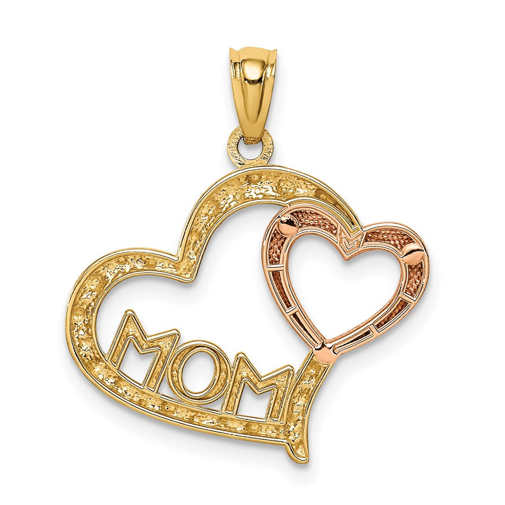 14k Two-tone Gold w/White Rhodium Diamond-cut MOM in Heart w/Heart Pendant