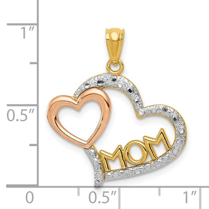 14k Two-tone Gold w/White Rhodium Diamond-cut MOM in Heart w/Heart Pendant