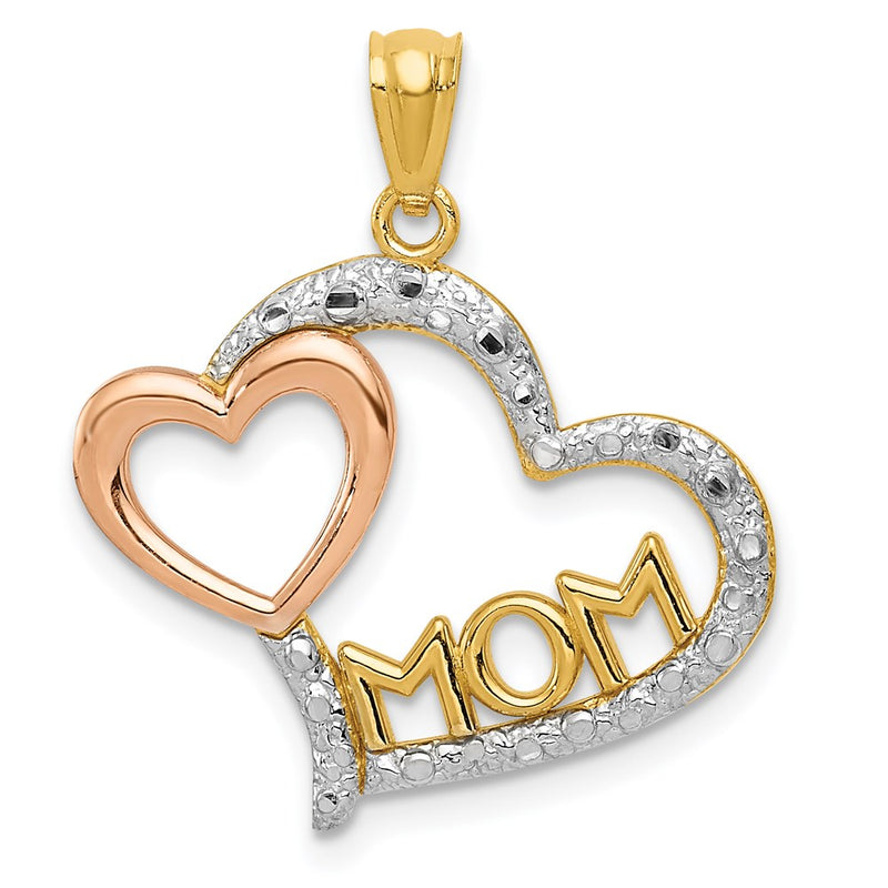 14k Two-tone Gold w/White Rhodium Diamond-cut MOM in Heart w/Heart Pendant