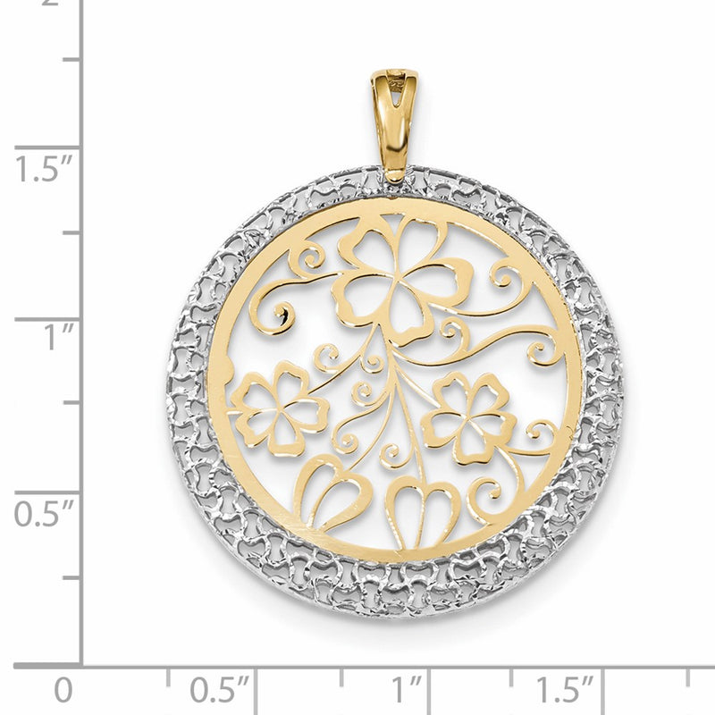 14k Two-tone Gold Polished and D/C Floral Circle Pendant