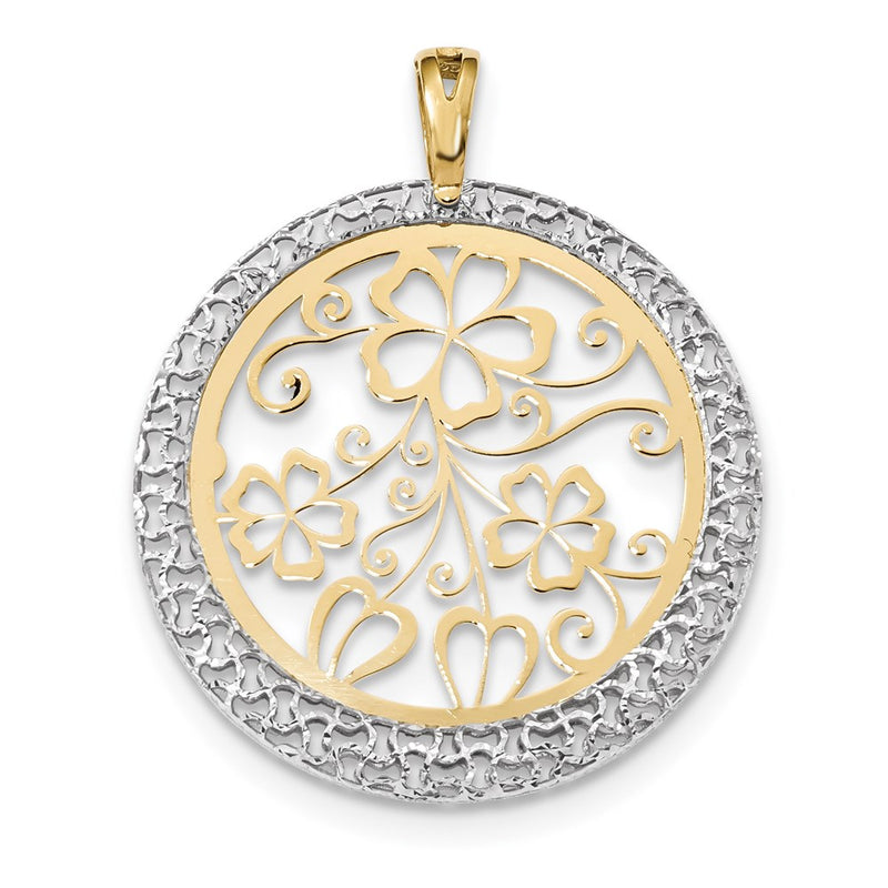 14k Two-tone Gold Polished and D/C Floral Circle Pendant