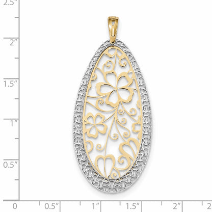 14k Two-tone Gold Polished and D/C Floral Teardrop Pendant