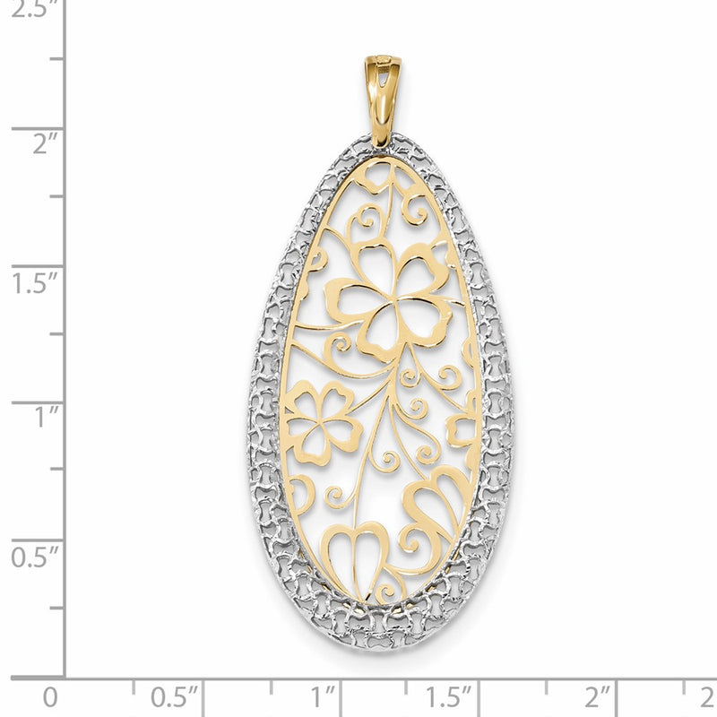 14k Two-tone Gold Polished and D/C Floral Teardrop Pendant