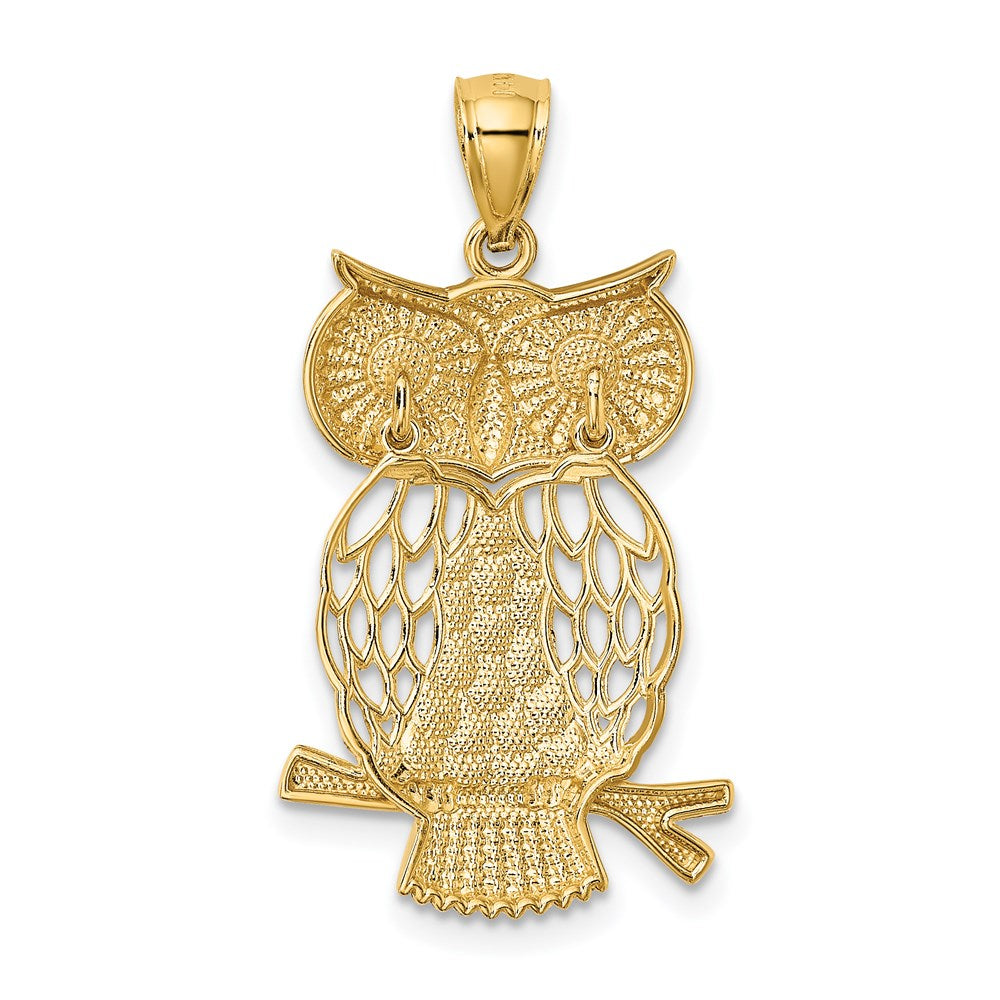 14k Yellow & Rhodium Gold w/ Rhodium Diamond-cut Polished Moveable Owl Pendant