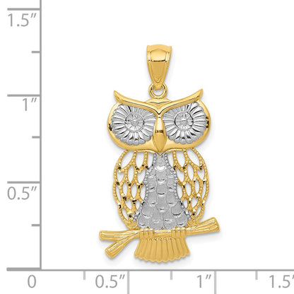 14k Yellow & Rhodium Gold w/ Rhodium Diamond-cut Polished Moveable Owl Pendant