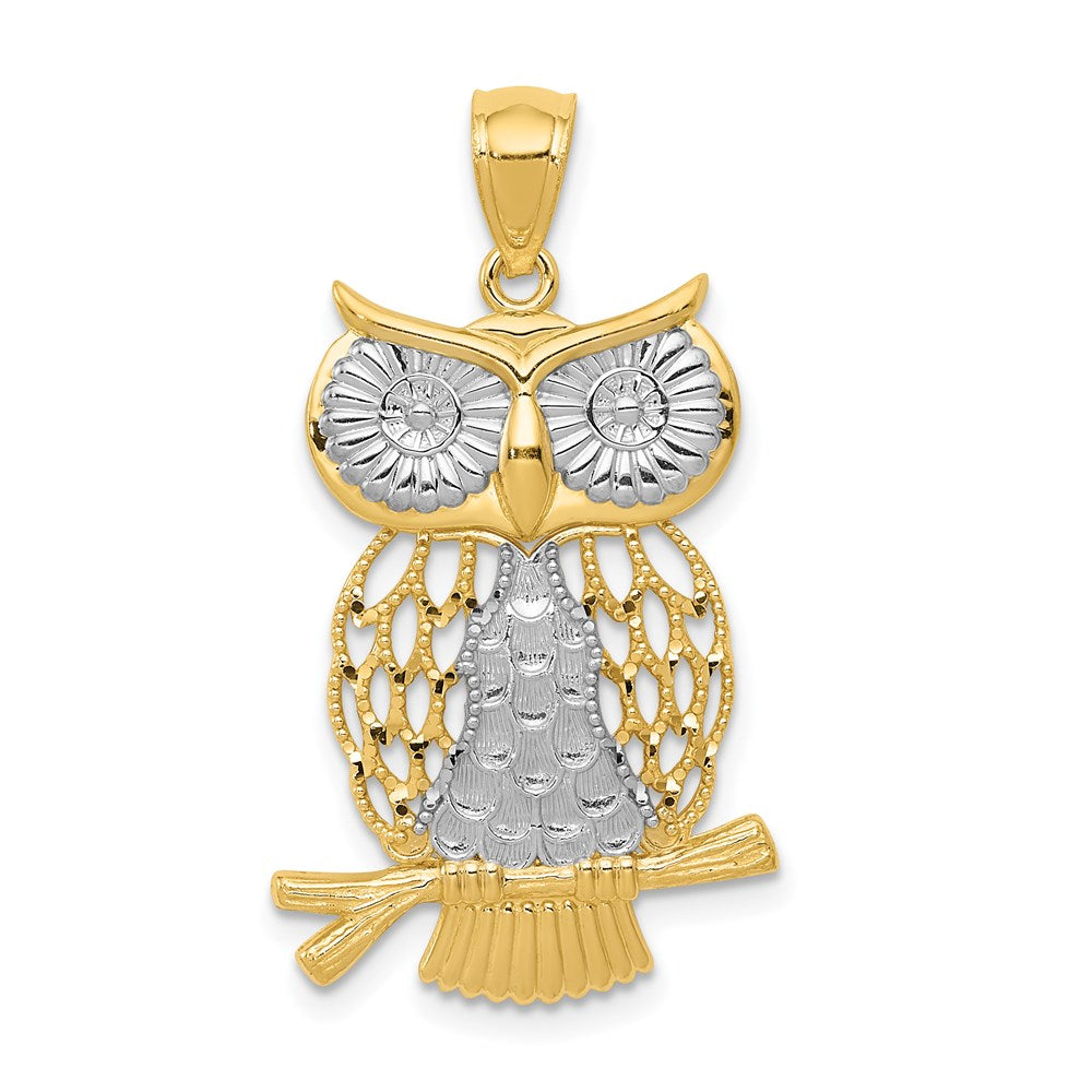 14k Yellow & Rhodium Gold w/ Rhodium Diamond-cut Polished Moveable Owl Pendant
