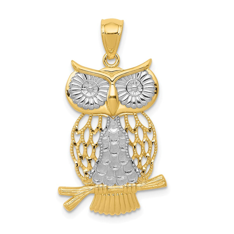 14k Yellow & Rhodium Gold w/ Rhodium Diamond-cut Polished Moveable Owl Pendant