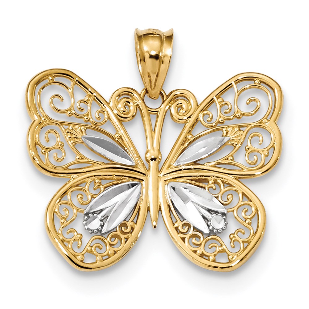 14k Yellow & Rhodium Gold w/White Rhodium Polished Filigree Butterfly Pendant