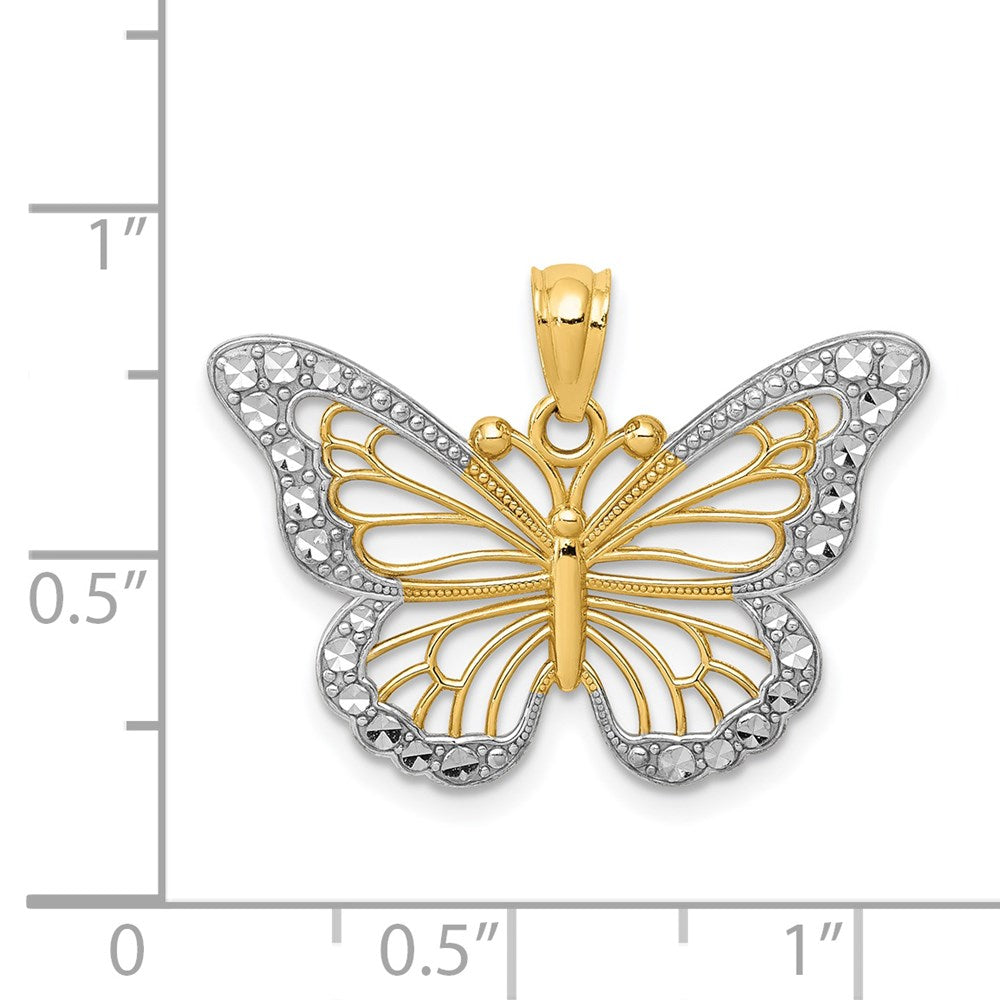 14k Yellow & Rhodium Gold w/ Rhodium Diamond-cut Polished Open Butterfly Pendant