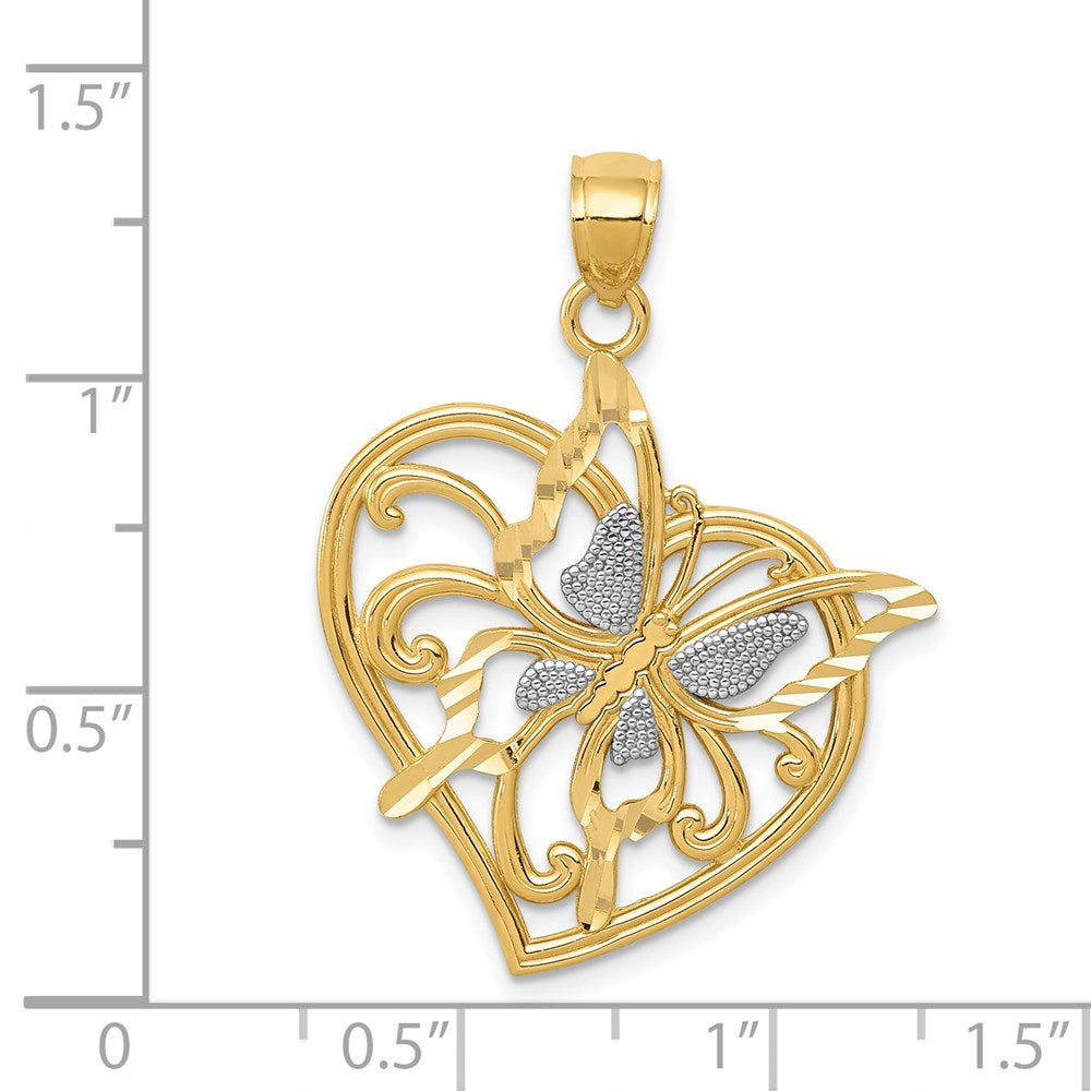 14k Yellow & Rhodium Gold w/ Rhodium Diamond-cut Polished Butterfly Heart Pendant