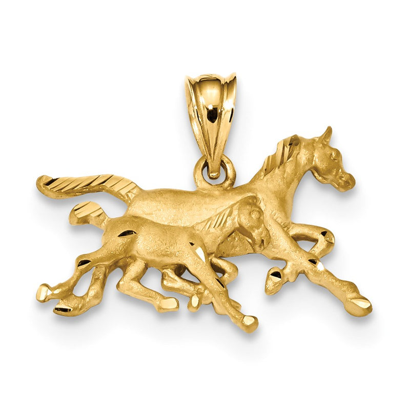 14k Yellow Gold Satin & Diamond-cut Running Horses Pendant