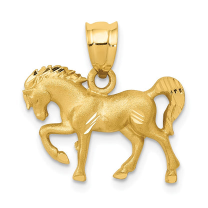 14k Yellow Gold Satin Diamond-cut Horse Pendant