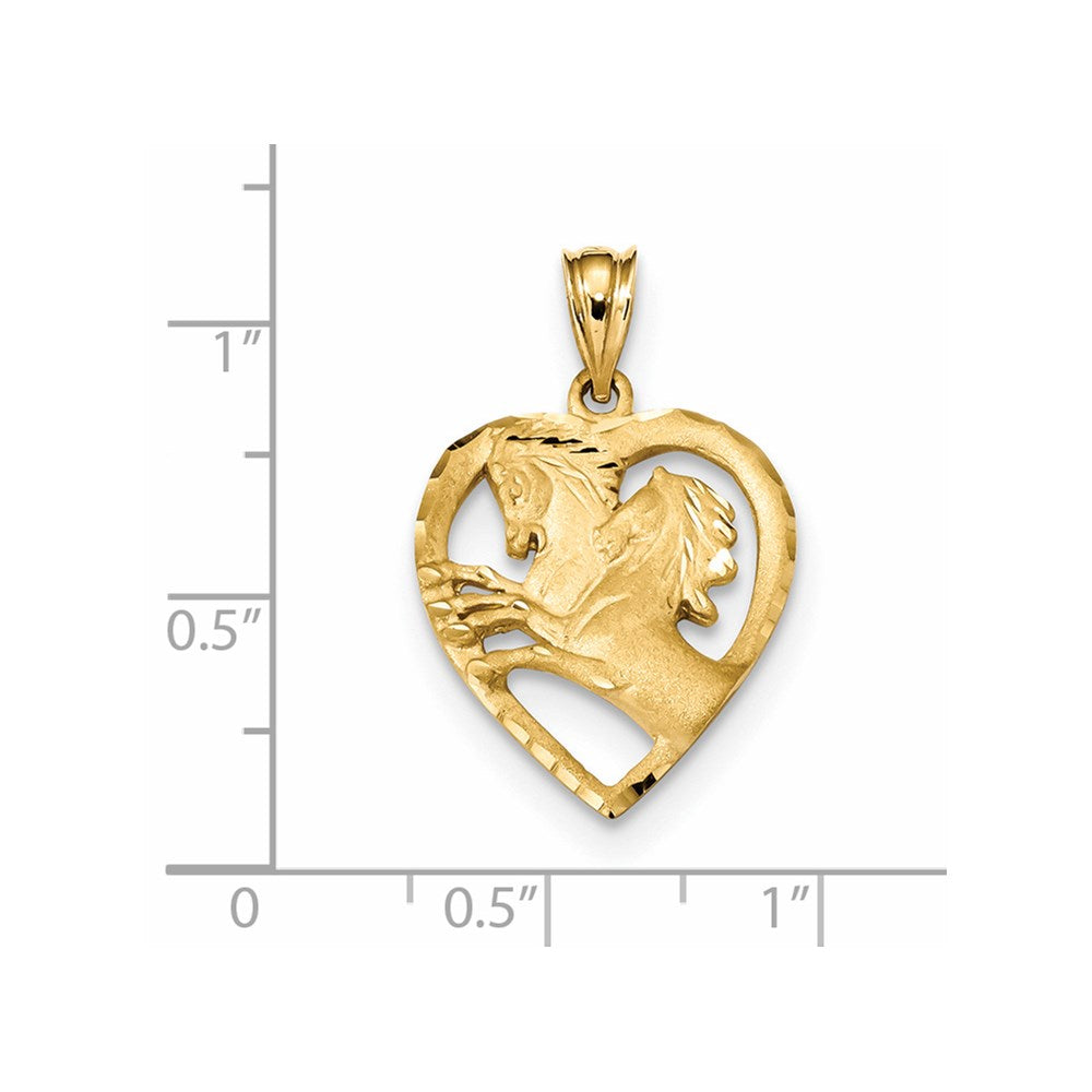 14k Yellow Gold Satin & Diamond-cut Horses in Heart Pendant