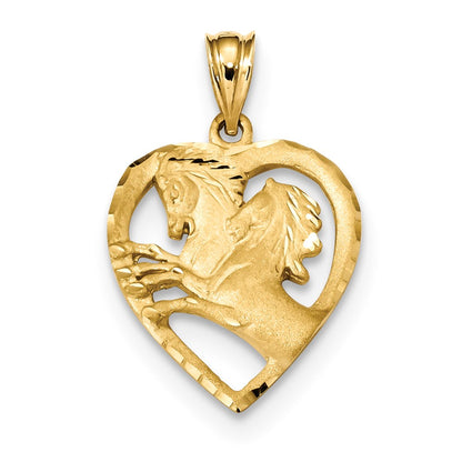 14k Yellow Gold Satin & Diamond-cut Horses in Heart Pendant
