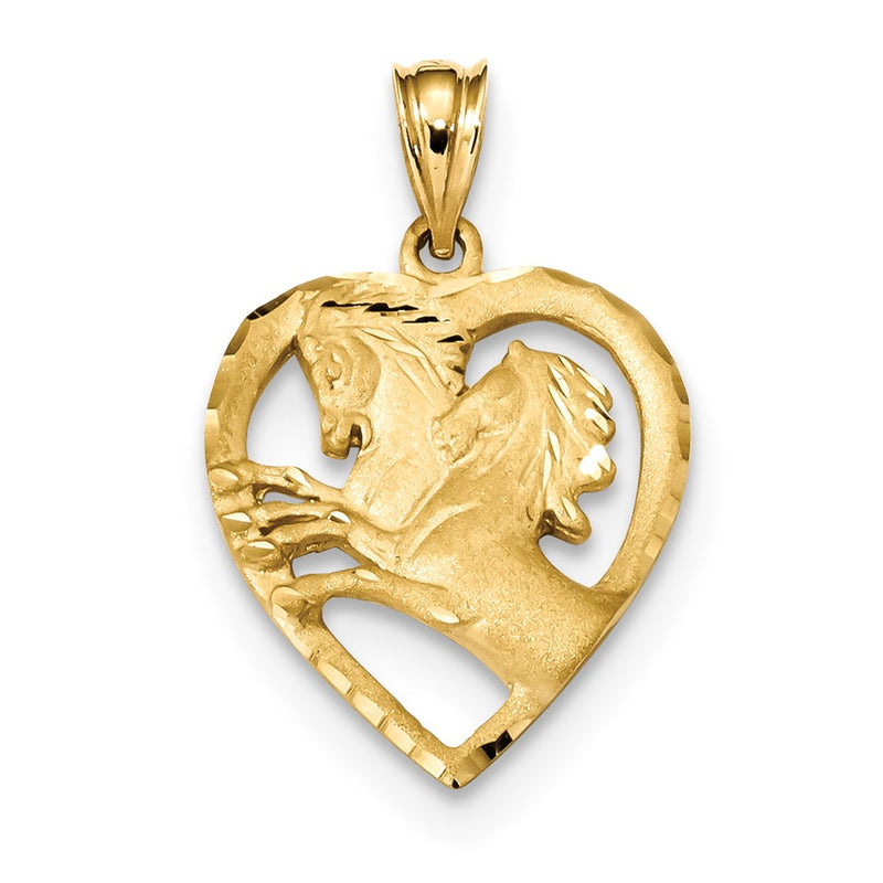 14k Yellow Gold Satin & Diamond-cut Horses in Heart Pendant