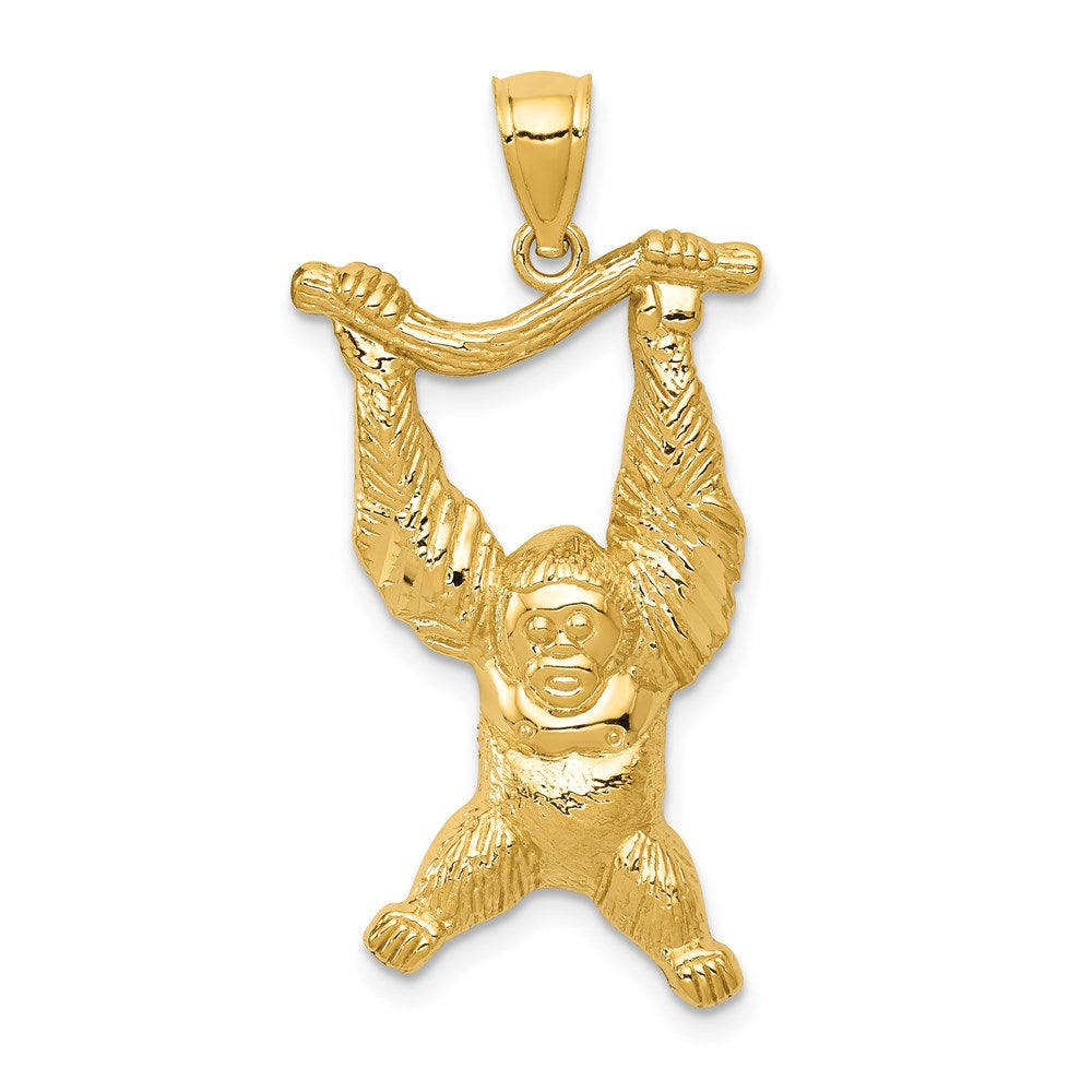 14k Yellow Gold Diamond-cut & Textured Polished Orangutan on Branch Pendant