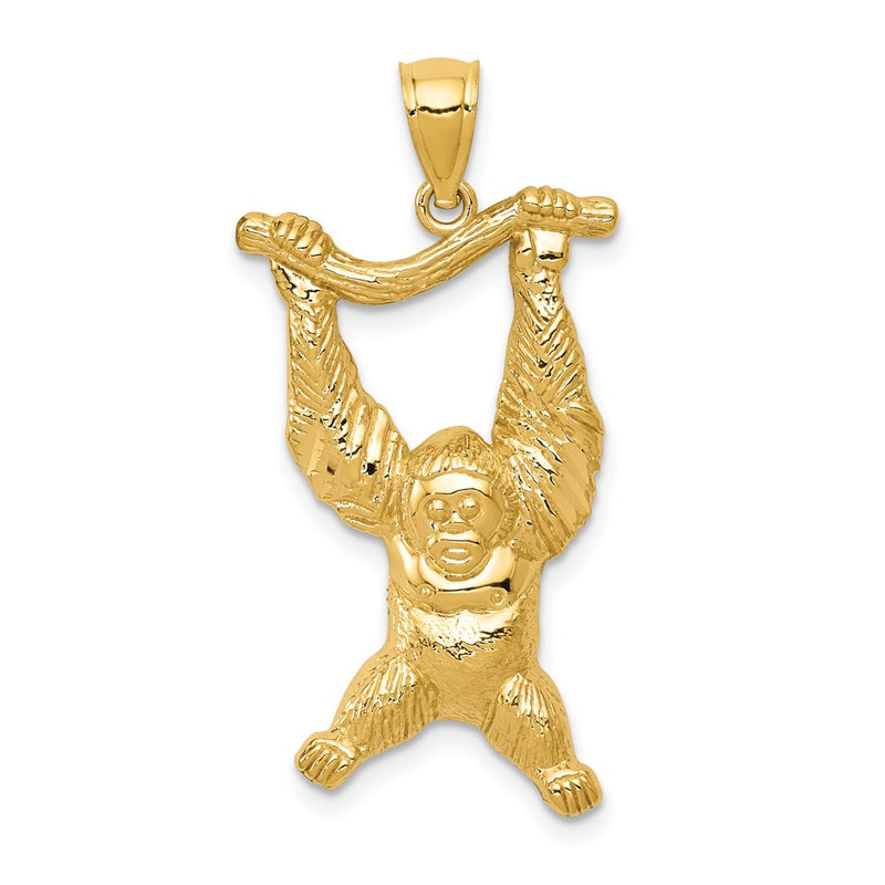 14k Yellow Gold Diamond-cut & Textured Polished Orangutan on Branch Pendant
