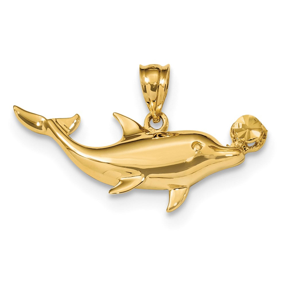 14k Yellow Gold Polished & Diamond-cut Dolphin w/Ball Pendant