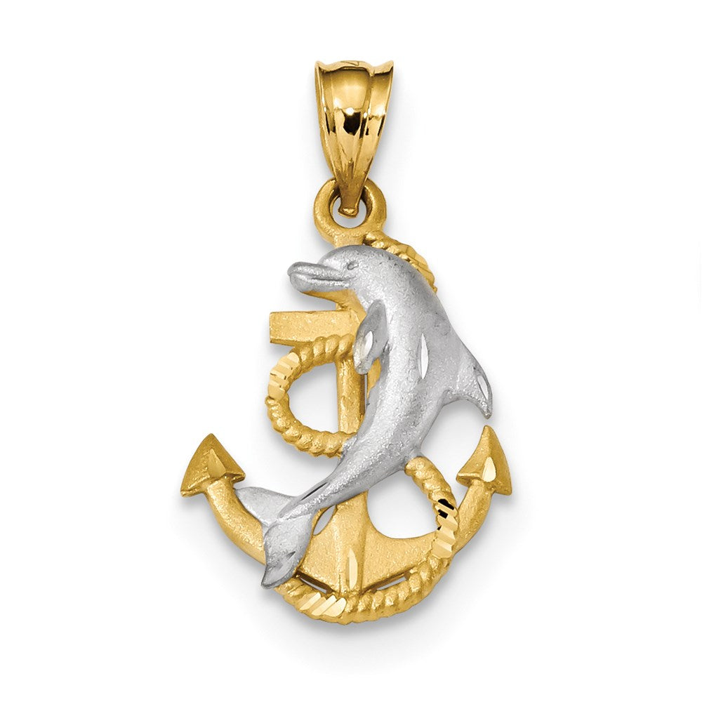 14k Yellow & Rhodium Gold w/White Rhodium Satin D/C Dolphin & Anchor Pendant