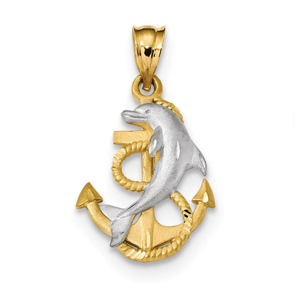 14k Yellow & Rhodium Gold w/White Rhodium Satin D/C Dolphin & Anchor Pendant