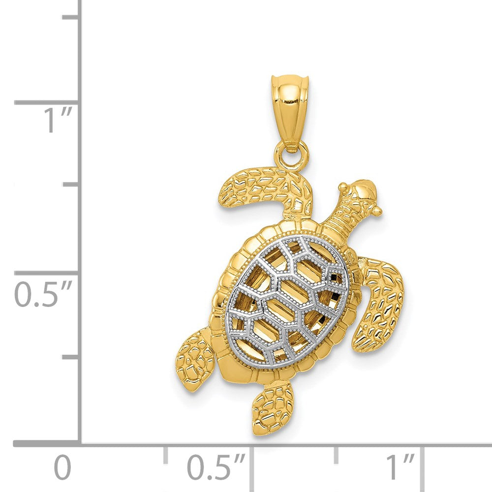 14k Yellow & Rhodium Gold with White Rhodium Polished Moveable Legs Sea Turtle Pendant