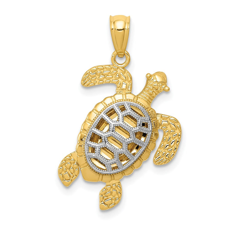 14k Yellow & Rhodium Gold with White Rhodium Polished Moveable Legs Sea Turtle Pendant