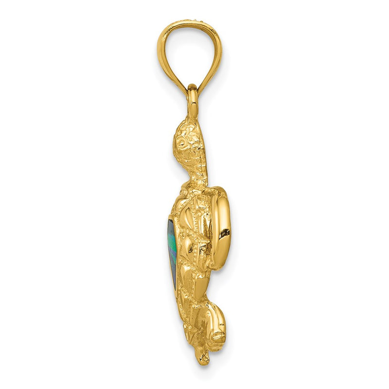 14k Yellow Gold Polished Created Blue Opal Turtle Pendant