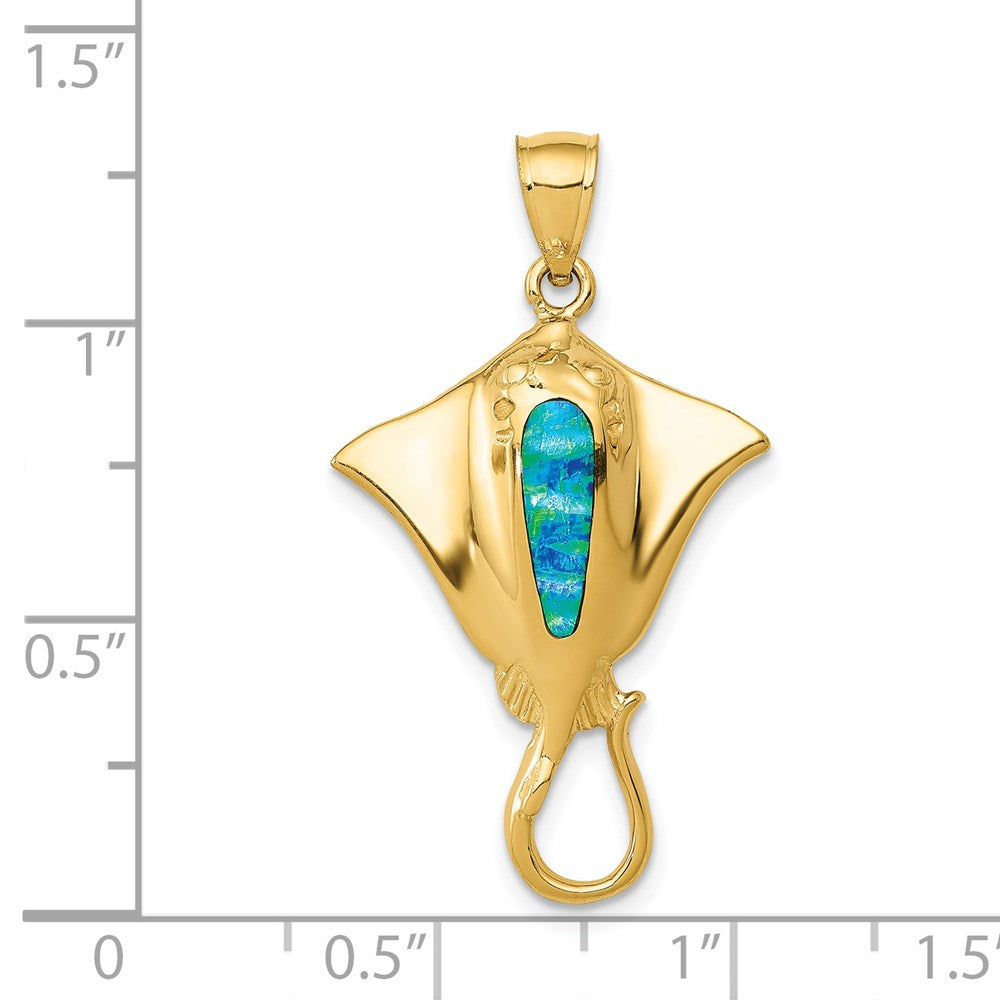 14k Yellow Gold Polished Created Blue Opal Stingray Pendant